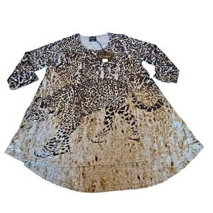 Inoah Wearable Art Clothing Women's 3/4 Sleeve A Line Top Cheetah Print XS NWT‎